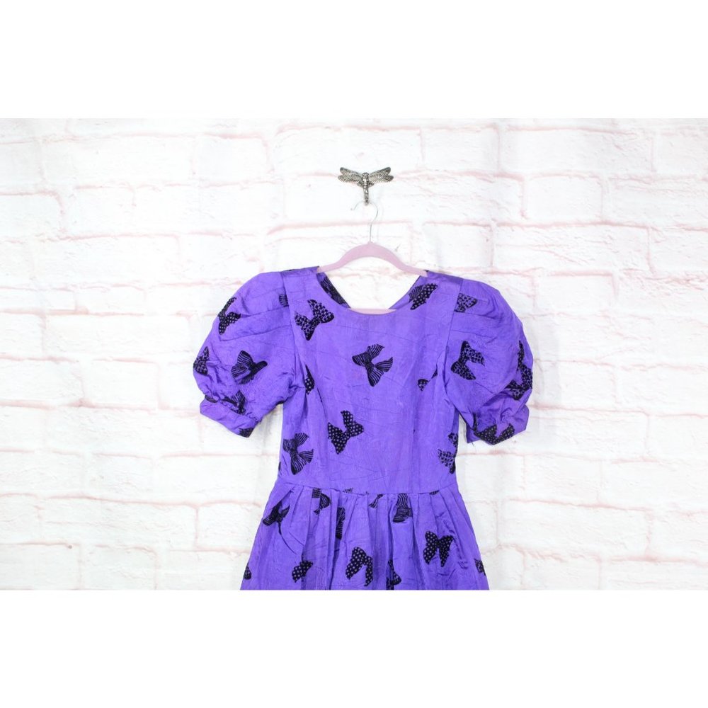 Vintage Karin Stevens Blue Acetate Bow Puff Sleeve Fit and Flare Dress Size 6 - Picture 2 of 9